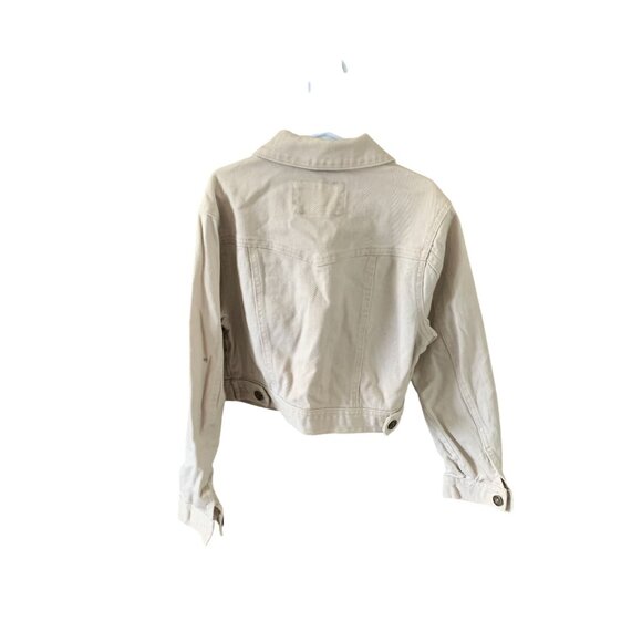 I Love H81 Womens Small Khaki Tan Beige Jean Jacket Coat Button Up Crop - Picture 3 of 3